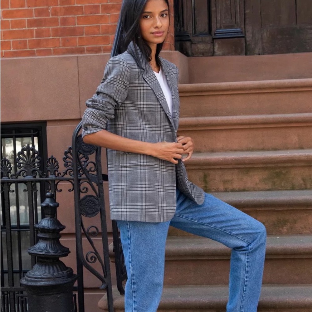 Something Navy Plaid Grey Oversized Menswear Inspired Blazer